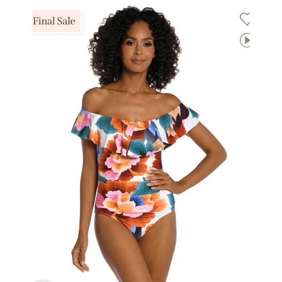 LA Blanca Floral Off Shoulder Ruffle One-Piece 12 - Picture 2 of 11